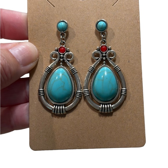 Silver and Turquoise Stone Drop Earrings - Picture 3 of 5